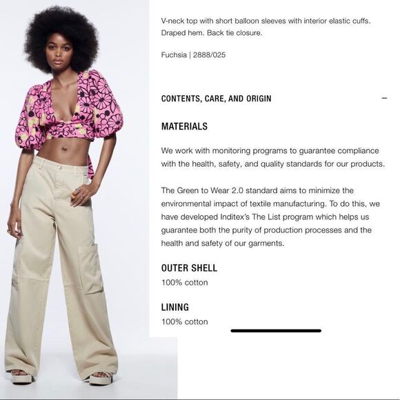 ZARA Fuchsia floral V neck balloon sleeve crop top pink yellow black Sz M NWT - Picture 4 of 8